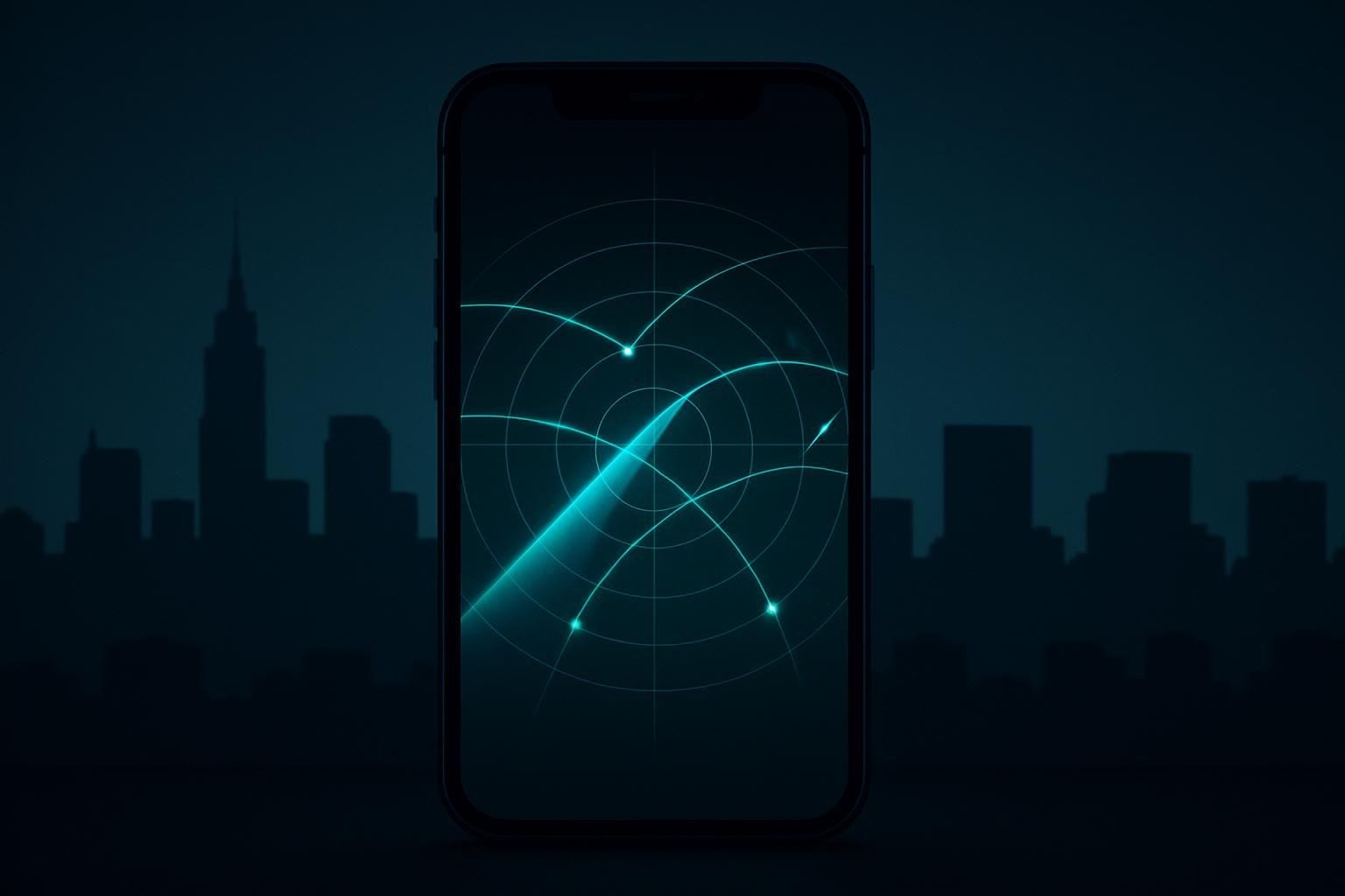 Smartphone met een kaartscherm dat vliegbanen toont tegen een nachtelijke skyline, symbolisch beeld