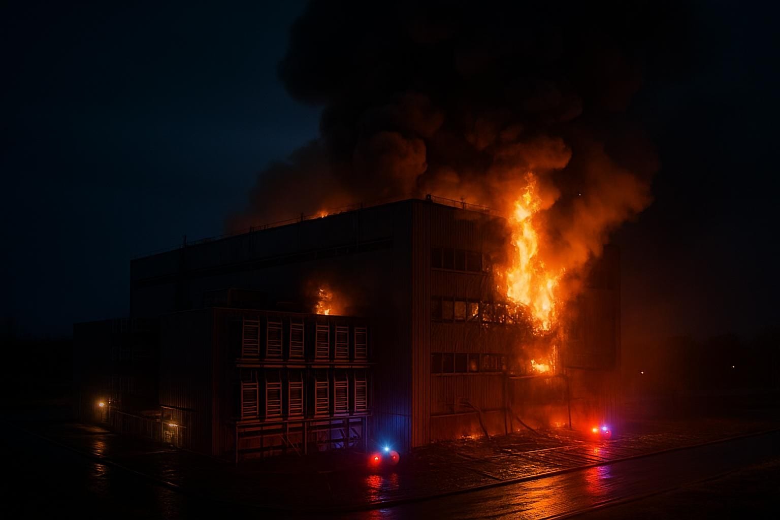 Een datacentergebouw dat 's nachts in brand staat na een droneaanval, met rook en noodverlichting