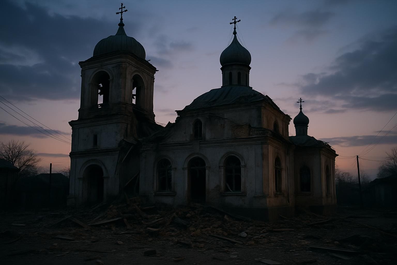 Beschadigde kerk met klokkentoren in de regio Chmelnytsky na een Russische aanval