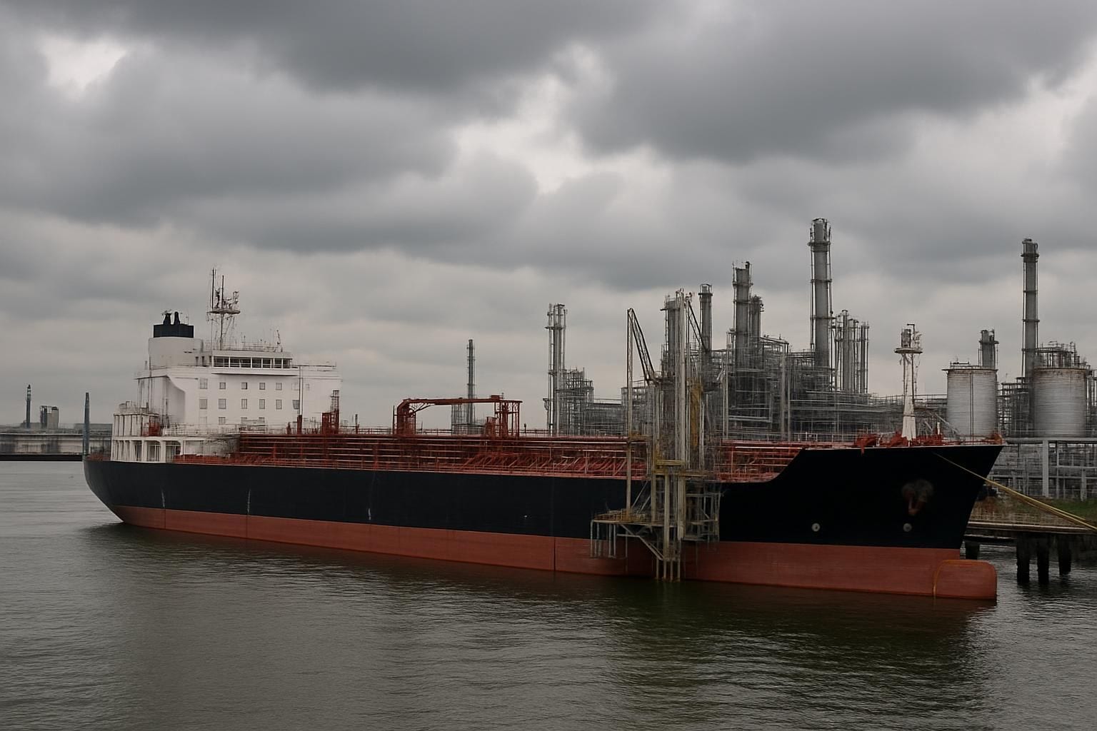 Een tankschip laadt diesel in bij een industriële haven.