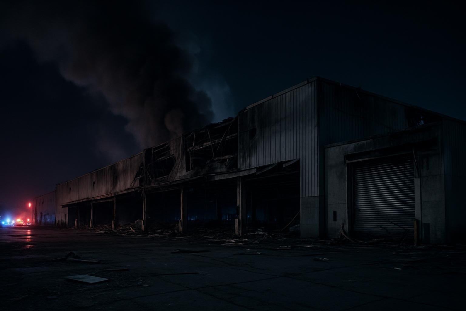 Rookwolken boven een beschadigd winkelcentrum na een nachtelijke aanval